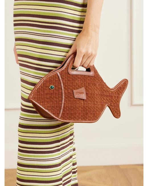 Staud Brown Cleo Logo-Debossed Leather-Trimmed Woven Suede Tote