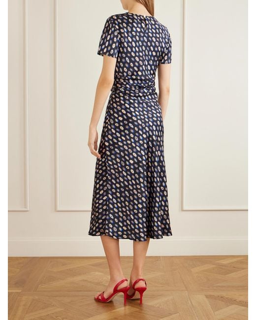 Staud Blue Marcel Printed Ruched Silk-Blend Satin Midi Dress