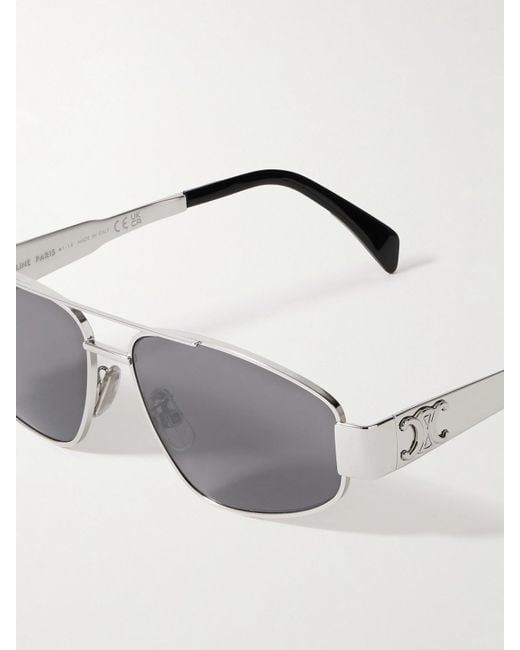 Céline Metallic Triomphe Silberfarbene Pilotensonnenbrille Mit Details Aus Azetat
