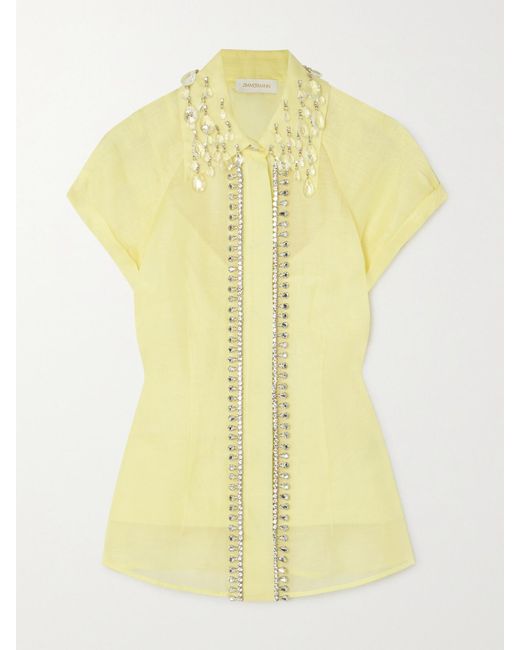 Zimmermann Yellow Matchmaker Crystal-Embellished Linen And Silk-Blend Shirt