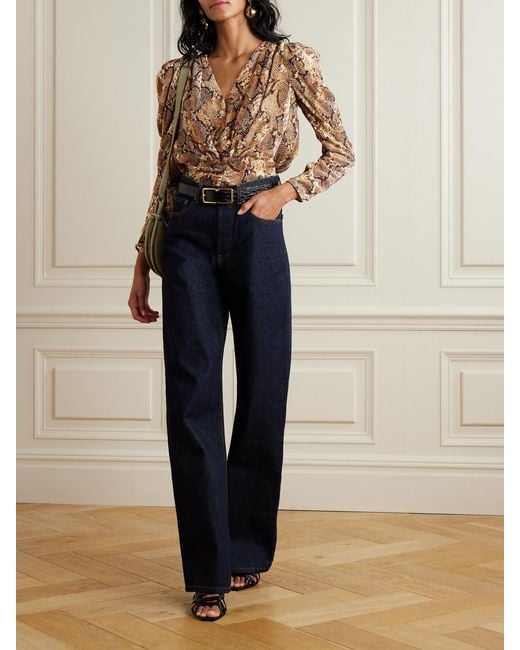 Isabel Marant Brown Marlin Ruched Snake-Print Silk-Blend Devoré Blouse