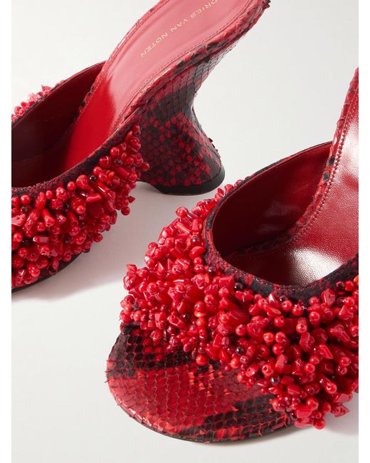 Dries Van Noten Red Mules Aus Leder Mit Schlangeneffekt, Keilabsatz Und Zierperlen