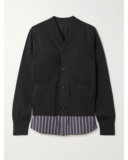 Sacai Black Layered Striped Cotton Poplin-Trimmed Cotton-Blend Jersey Cardigan