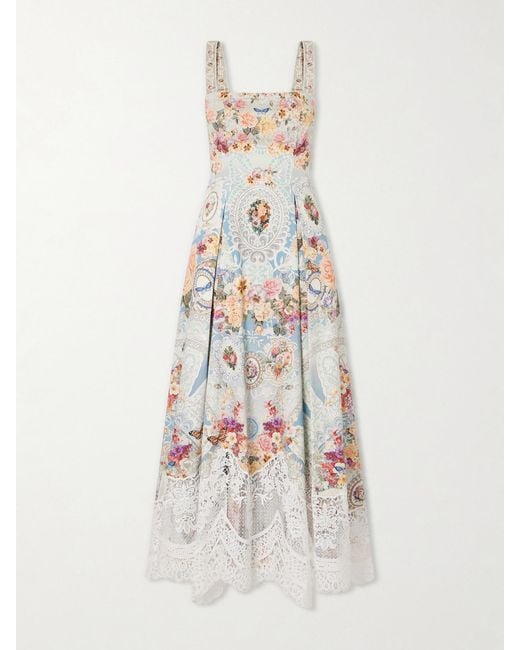 Camilla White Printed Lace-Trimmed Cotton-Blend Midi Dress