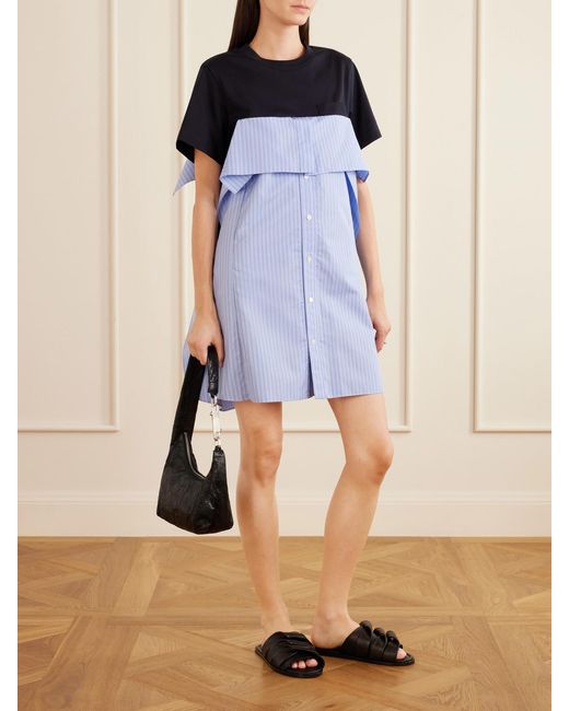 Sacai Blue Paneled Ruffled Cotton-Jersey And Poplin Mini Dress