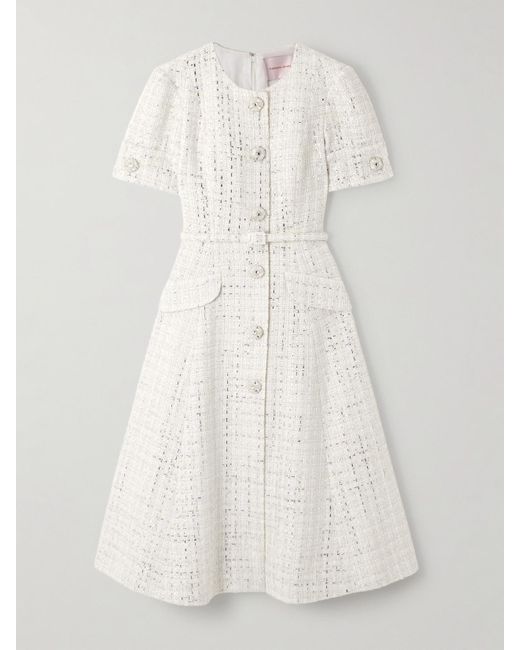 Carolina Herrera White Belted Embellished Metallic Tweed Midi Dress