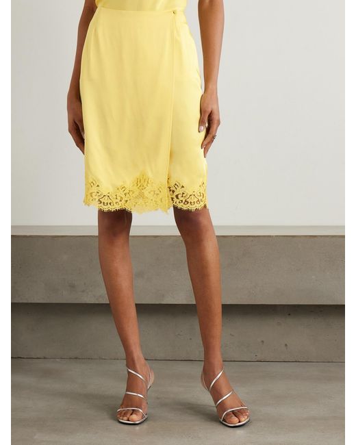 Stella McCartney Yellow Iconic Wrap-Effect Lace-Trimmed Satin Skirt
