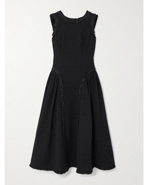 Self-Portrait Black Open-Back Metallic-Trimmed Bouclé-Tweed Midi Dress