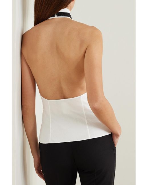 Ralph Lauren White Sorrento Embellished Bow-Detailed Pleated Cotton-Poplin Halterneck Top