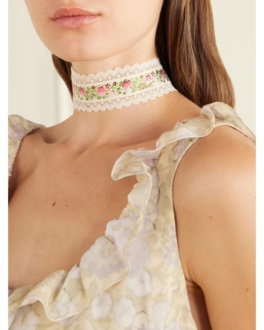 Chloé White Ribbon Lace-Trimmed Floral-Jacquard-Tone Choker