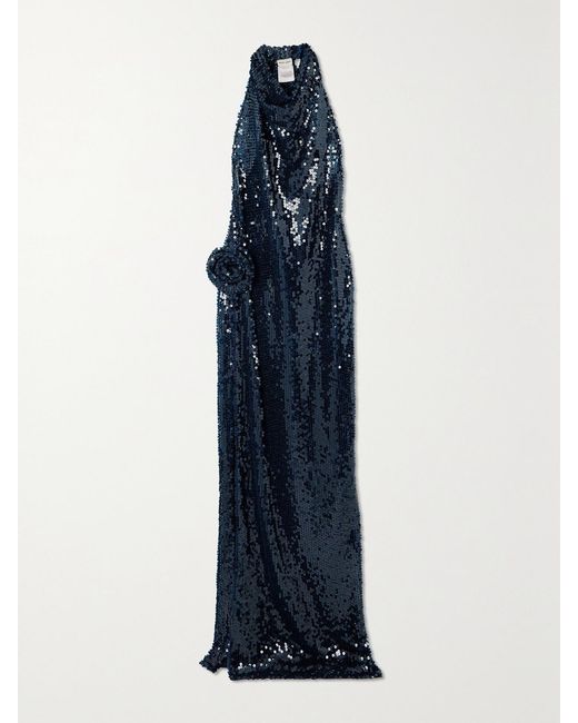 Magda Butrym Blue Appliquéd Sequined Tulle Halterneck Maxi Dress