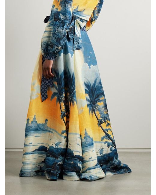 Camilla Blue Embellished Printed Linen And Silk-Blend Maxi Wrap Skirt