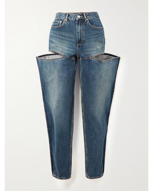 Area Blue Hoch Sitzende Jeans Mit Weitem Bein, Cut-Outs Und Kristallen