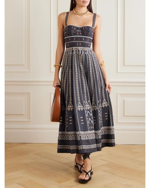 Emporio Sirenuse White Elida Calliope Pleated Embroidered Cotton-Blend Poplin Midi Dress