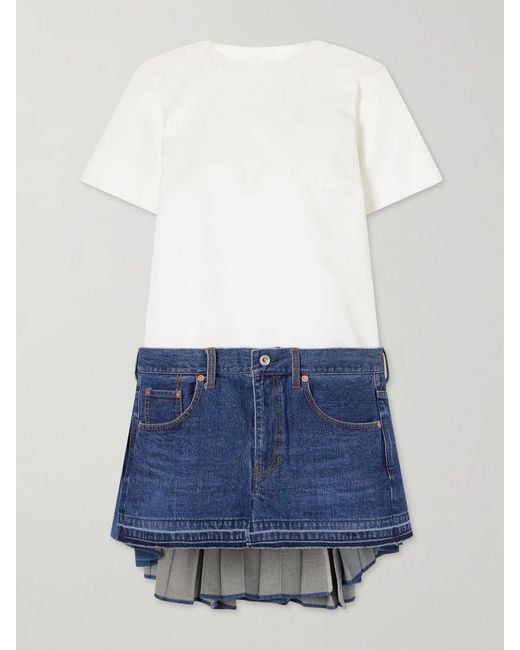 Sacai Blue Cape-Effect Pleated Cotton And Silk-Blend Jersey And Denim Mini Dress