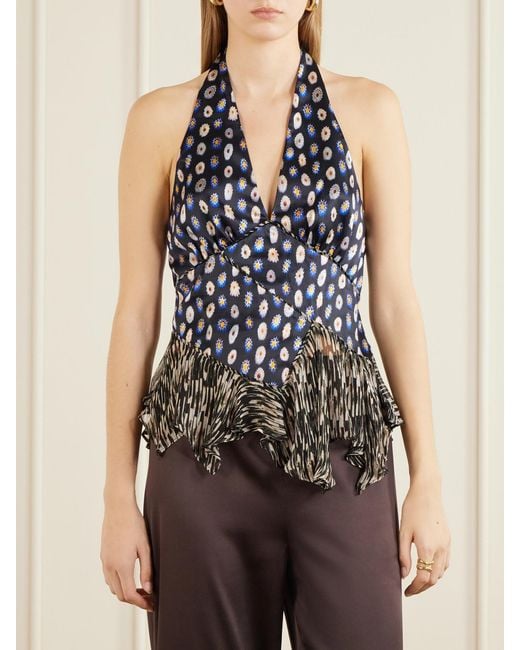 Staud Blue Maeva Ruffled Printed Silk-Blend Voile Top