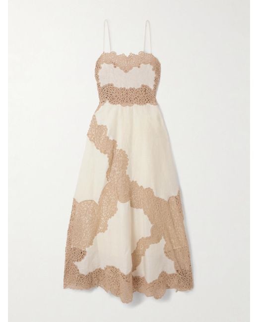 Ulla Johnson Natural Evangeline Midikleid Aus Leinen Mit Guipure-Spitzenbesätzen