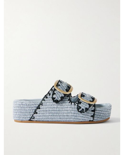 Loeffler Randall Blue Theo Embroidered Raffia Platform Slides