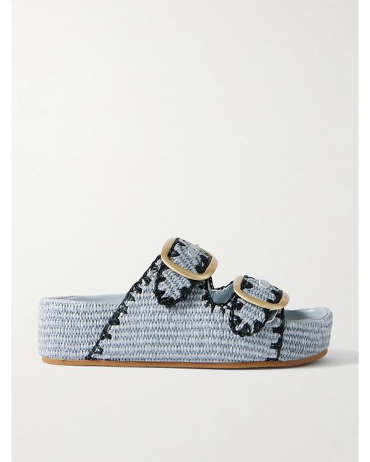 Loeffler Randall Blue Theo Embroidered Raffia Platform Slides