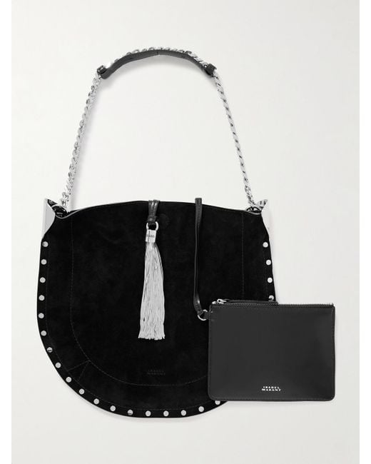 Isabel Marant Black Oskan Leather-Trimmed Tasseled Studded Suede Shoulder Bag