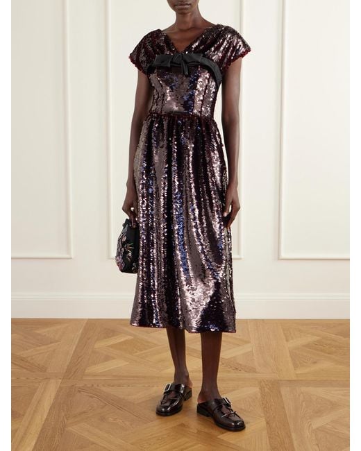 Simone Rocha Black Gathered Bow-Detailed Sequined Midi Dress