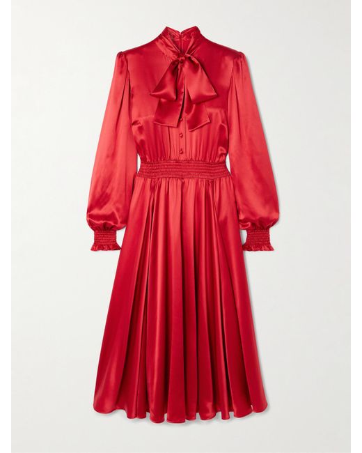 Dolce & Gabbana Red Pussy-Bow Smocked Pleated Silk-Satin Midi Dress