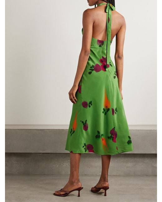 Staud Green Lucca Printed Silk-Crepe Halterneck Midi Dress