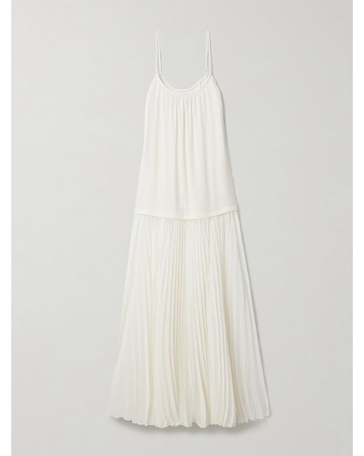 Zimmermann White Maxikleid Aus Crêpe De Chine Und Plissiertem Chiffon