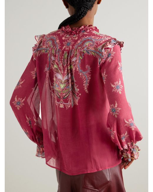 Etro Red Boho Bluse Aus Bedrucktem Chiffon Mit Rüschen