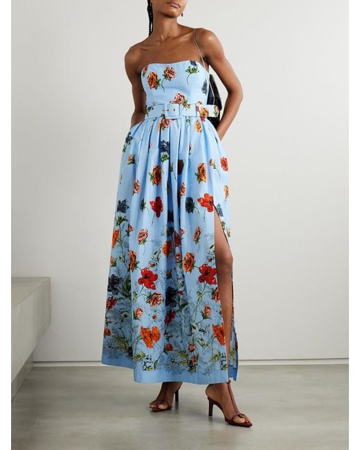 Cara Cara Blue Greenfield Belted Strapless Smocked Floral-Print Cotton-Poplin Maxi Dress