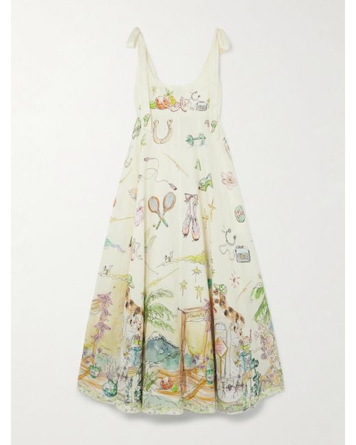 ALÉMAIS White Anouk Colantoni Ballet Tie-Detailed Printed Shirred Linen Dress