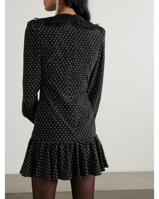 Alessandra Rich Black Minikleid Aus Crêpe De Chine Aus Seide Mit Blumenprint, Volant Sowie Besätzen Aus Samt Und Tüll