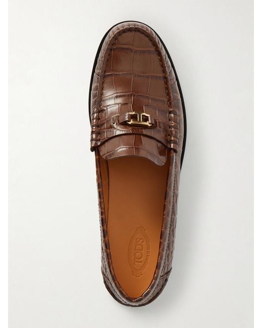 Tod's Brown Embellished Croc-Effect Leather Loafers