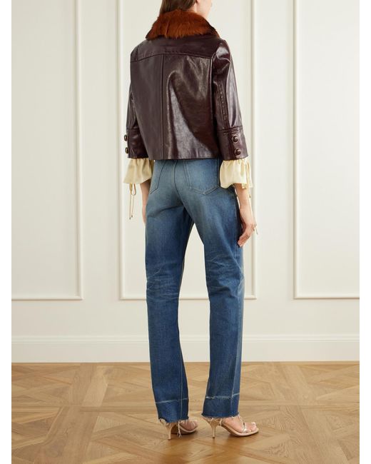 Chloé Brown Cropped Shearling-Trimmed Leather Jacket