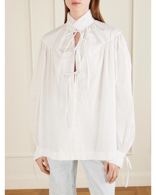 Dries Van Noten White Tie-Detailed Ruffled Gathered Cotton-Poplin Blouse
