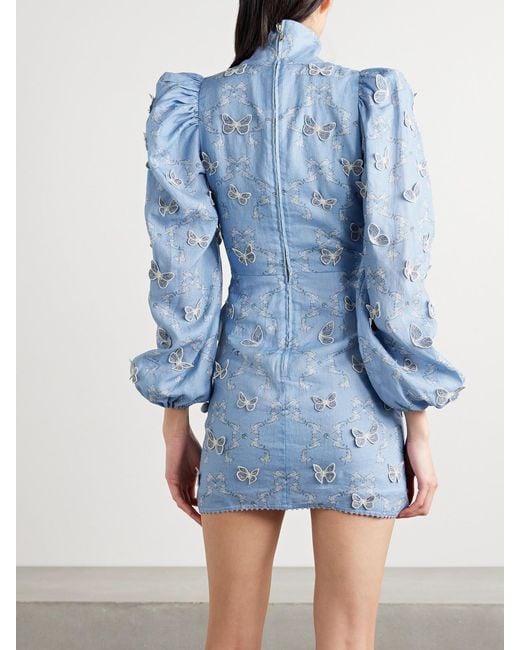 Agua Bendita Blue Guaba Lymanopoda Appliquéd Printed Linen Turtleneck Mini Dress