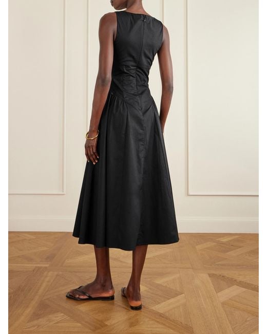 Staud Black Gwen Paneled Pleated Cotton-Blend Poplin Midi Dress