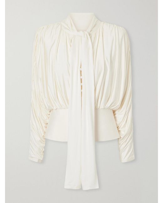 Self-Portrait Natural Tie-Detailed Gathered Stretch-Jersey Blouse