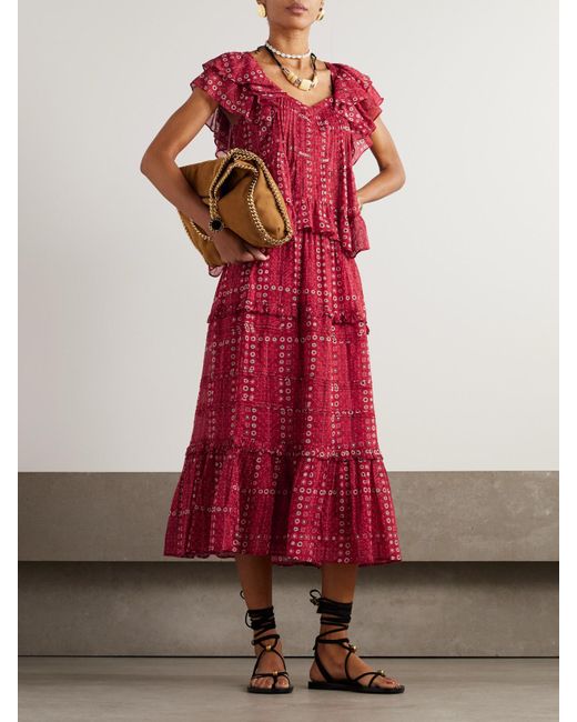 Isabel Marant Red Bluse Aus Bedrucktem Biobaumwoll-Voile Mit Rüschen