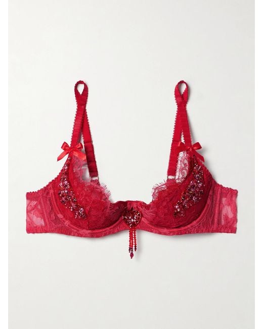 Agent Provocateur Graicelle Embellished Leavers Lace And Stretch-Silk Satin Underwired Balconette Bra