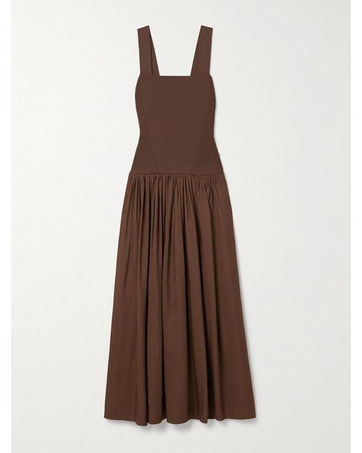La Ligne Brown Stretch-Knit And Gathered Linen-Blend Midi Dress