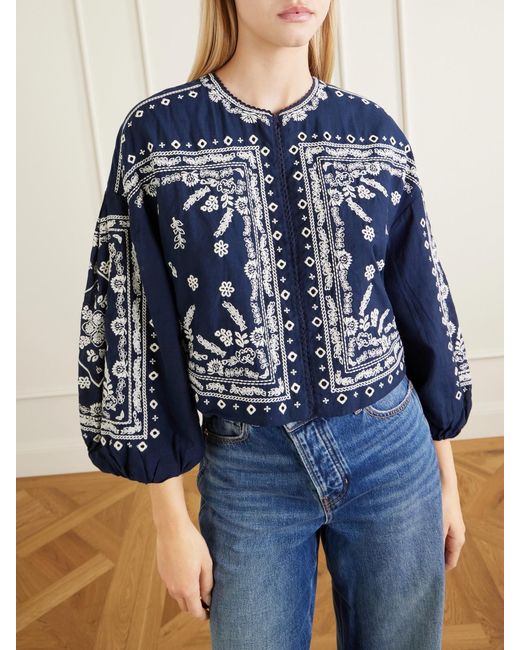 Veronica Beard Blue Drake Cropped Embroidered Cotton-Blend Poplin Jacket