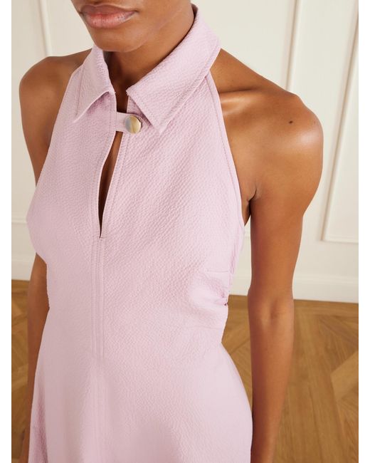 Veronica Beard Pink Mackey Cotton-Blend Seersucker Halterneck Midi Dress