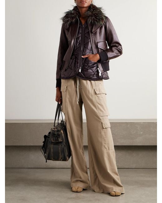 Sacai Black Convertible Plush-Trimmed Padded Leather Jacket