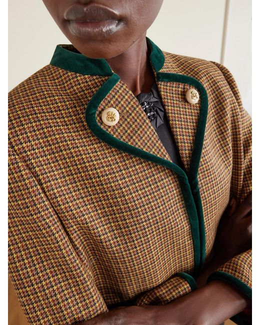 Valentino Garavani Brown Cropped Velvet-Trimmed Houndstooth Wool Jacket
