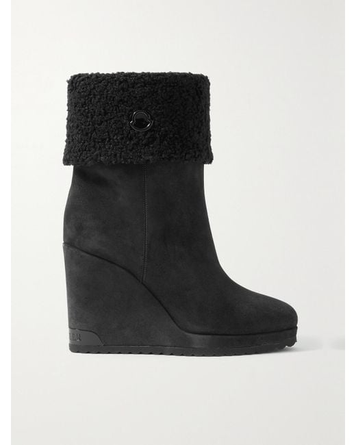 Moncler Black W Short Plush-Lined Suede Wedge Ankle Boots