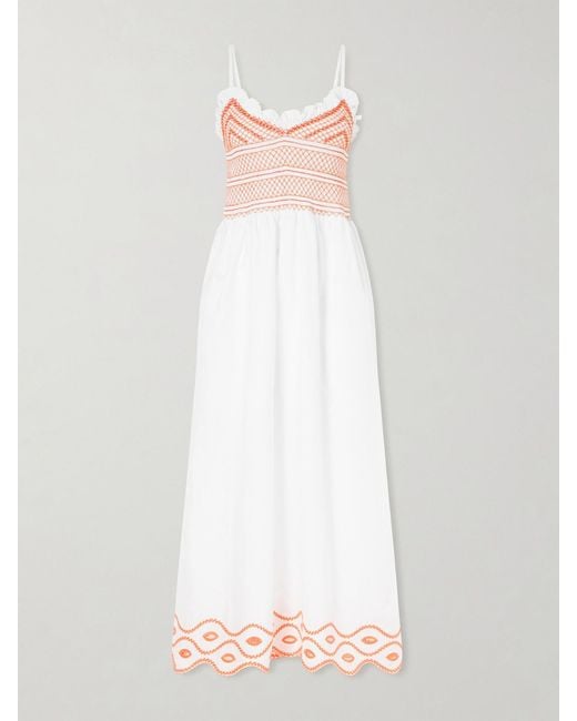 Loretta Caponi White Bianca Ruffled Emrboidered Shirred Cotton-Poplin Midi Dress
