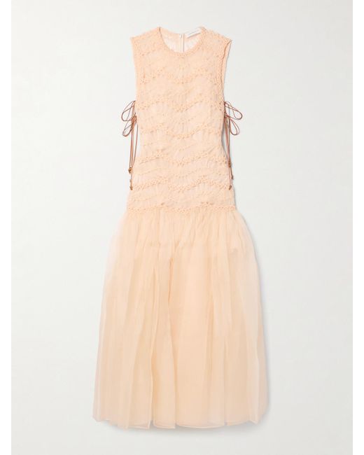 Zimmermann Natural Illuminate Robe Aus Gerafftem Seidenorganza Und Tüll Mit Details Aus Makrameegarn