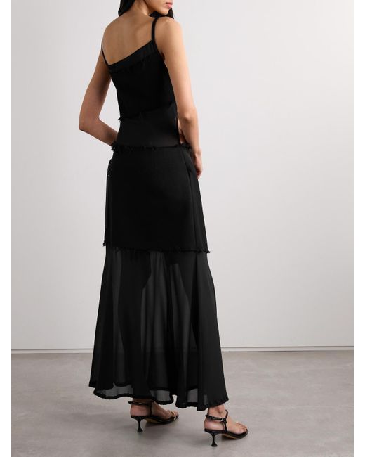 Proenza Schouler Black Dani Paneled Faux Leather-Trimmed Chiffon And Frayed Jersey Maxi Wrap Dress