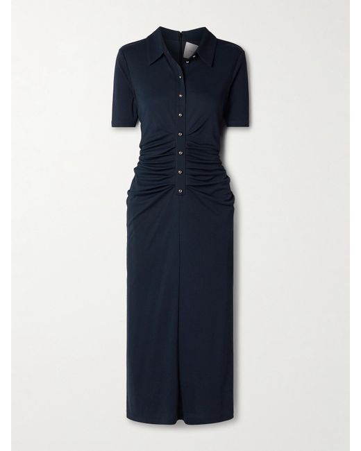 Carolina Herrera Blue Ruched Stretch-Jersey Midi Shirt Dress